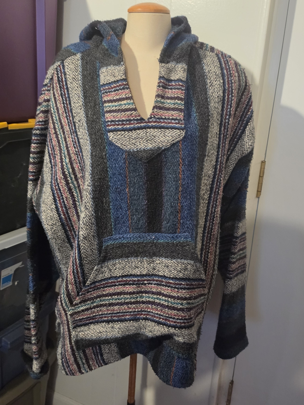 Men's Hooded Striped Crewneck Sweater in Blue and Gray